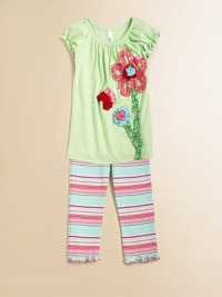 Adorned with ruffled flowers, a ladybug and stripes, this pretty, girly set will be her favorite and yours.ScoopneckShort puff sleevesPullover styleElastic waistbandPurl edge armbands and hemTunic: 95% cotton/5% spandexCapris: 97% cotton/3% spandexMachine washTunic: ImportedCapris: Imported of domestic fabric