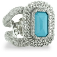 Hinged Mesh Turquoise Colored Stone And Rhinestone 2 1/2 Inch Cuff Statement Bracelet, Fits 7 To 8.5 Inch Wrist Hinged Mesh Turquoise Colored Stone And Rhinestone 2 1/2 Inch Cuff Statement Bracelet, Fits 7 To 8.5 Inch Wrist