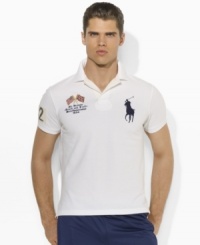 A trim-fitting polo shirt in breathable cotton mesh is finished with bold country details and Ralph Lauren's signature Big Pony. A trim-fitting polo shirt in breathable cotton mesh is finished with bold country details and Ralph Lauren's signature Big Pony.