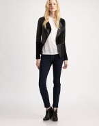 Fitted jacket of supple leather has an asymmetrical zipper and allover suede-like panels. RoundneckAsymmetrical front zipperLong sleevesZippered slash pocketsFully linedAbout 24 from shoulder to hemBody: LeatherTrim: 50% acrylic/30% polyester/15% cotton/5% spandexDry clean with leather specialistImportedModel shown is 5'9½ (176cm) wearing US size Small.