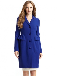 THE LOOKNotch lapelFront button closureLong sleevesTailored seamsRuffled details at waistGathered waistTHE FITAbout 36 from shoulder to hemTHE MATERIALVirgin woolFully linedCARE & ORIGINDry cleanMade in ItalyModel shown is 5'9 (175cm) wearing US size 4. THE LOOKNotch lapelFront button closureLong sleevesTailored seamsRuffled details at waistGathered waistTHE FITAbout 36 from shoulder to hemTHE MATERIALVirgin woolFully linedCARE & ORIGINDry cleanMade in ItalyModel shown is 5'9 (175cm) wearing US size 4.