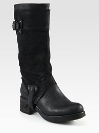 Buckle straps top this pebbled leather and suede silhouette, dripping with edgy style. Stacked heel, 2 (50mm)Stacked platform, ½ (15mm)Compares to a 1½ heel (40mm)Shaft, 11¾Leg circumference, 13½Leather and suede upperPull-on style with adjustable buckle strapsLeather liningRubber solePadded insoleImported Buckle straps top this pebbled leather and suede silhouette, dripping with edgy style. Stacked heel, 2 (50mm)Stacked platform, ½ (15mm)Compares to a 1½ heel (40mm)Shaft, 11¾Leg circumference, 13½Leather and suede upperPull-on style with adjustable buckle strapsLeather liningRubber solePadded insoleImported
