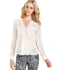 Perfectly paired with printed pants, this Kensie chiffon blouse is a stylish staple for a fashion-forward desk-to-dinner look! Perfectly paired with printed pants, this Kensie chiffon blouse is a stylish staple for a fashion-forward desk-to-dinner look!