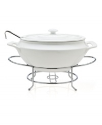 At once elegant and utilitarian, the Cucina soup tureen transitions flawlessly from oven to table and will keep your food piping hot, set in a silvertone metal rack. A must for the consummate host, from Godinger. At once elegant and utilitarian, the Cucina soup tureen transitions flawlessly from oven to table and will keep your food piping hot, set in a silvertone metal rack. A must for the consummate host, from Godinger.