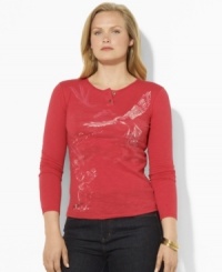 Lauren Ralph Lauren's Southwest-inspired bird graphic and colorful beading imbue this soft slub plus size cotton Henley with a bold free spirit. Lauren Ralph Lauren's Southwest-inspired bird graphic and colorful beading imbue this soft slub plus size cotton Henley with a bold free spirit.