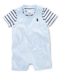 An adorable set features an essential striped bodysuit and a solid shortall that are jersey-knit from super-soft cotton for a smooth, comfortable feel. An adorable set features an essential striped bodysuit and a solid shortall that are jersey-knit from super-soft cotton for a smooth, comfortable feel.