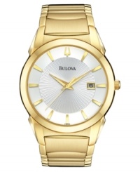An exquisite watch from Bulova, with refined everyday features in glistening goldtone. Goldtone stainless steel bracelet and round case. Round white dial with logo, date window and stick indices. Quartz movement. Water resistant to 30 meters. Three-year limited warranty. An exquisite watch from Bulova, with refined everyday features in glistening goldtone. Goldtone stainless steel bracelet and round case. Round white dial with logo, date window and stick indices. Quartz movement. Water resistant to 30 meters. Three-year limited warranty.