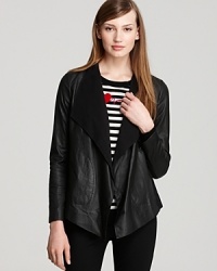 Ponte knit trim lends a soft look to DKNY's drape front jacket, luxe in lambskin leather. Ponte knit trim lends a soft look to DKNY's drape front jacket, luxe in lambskin leather.