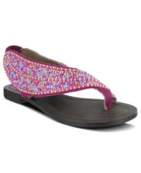 Beaded up all the way around. Mia's Tyra flat sandals feature a beautiful wave of intricate beading and a comfy elastic band at the back. Beaded up all the way around. Mia's Tyra flat sandals feature a beautiful wave of intricate beading and a comfy elastic band at the back.