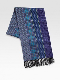 An eclectic mixture of patterns and color inspires the unique craftsmanship of this luxurious silk design.Fringed ends12W x 72LSilkDry cleanMade in Italy An eclectic mixture of patterns and color inspires the unique craftsmanship of this luxurious silk design.Fringed ends12W x 72LSilkDry cleanMade in Italy