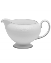 Like traditional embroidery, the Wedgwood English Lace creamer is meticulously crafted with delicate florals, all embossed in fine bone china that's remarkably dishwasher safe. With platinum banding. Like traditional embroidery, the Wedgwood English Lace creamer is meticulously crafted with delicate florals, all embossed in fine bone china that's remarkably dishwasher safe. With platinum banding.