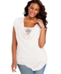 Drape yourself in the flattering fit of Seven7 Jeans' short sleeve plus size top, featuring an embellished inset. Drape yourself in the flattering fit of Seven7 Jeans' short sleeve plus size top, featuring an embellished inset.