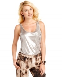 A metallic-cool finish elevates this GUESS? tank to superior style heights! For a look that's trend-right and ultra fly, pair the top with your boldest pants! A metallic-cool finish elevates this GUESS? tank to superior style heights! For a look that's trend-right and ultra fly, pair the top with your boldest pants!