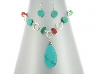 Winnity Turquiose and Multi Semi-Precious Stone Oval Linked Teardrop Necklace and Earrings Set Silver Tone