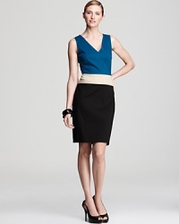 The epitome of elegance, this DKNY sheath dress works careful color blocking for effortless figure flattery. Play up the defined waistline with glimmering gold accents. The epitome of elegance, this DKNY sheath dress works careful color blocking for effortless figure flattery. Play up the defined waistline with glimmering gold accents.