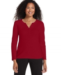 Every woman needs a basic henley in her wardrobe and this petite version from Karen Scott is a perfect find! Pair it with everything from jeans to trousers. Every woman needs a basic henley in her wardrobe and this petite version from Karen Scott is a perfect find! Pair it with everything from jeans to trousers.