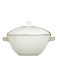 With lightweight construction in fine bone china, a softly squared design and platinum edging, the Mikasa Couture Platinum covered casserole (not shown) offers a new take on sophisticated modern dining.