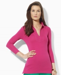 This Lauren by Ralph Lauren petite tunic is rendered in soft cotton jersey and trimmed with lightweight linen for a textured, casual finish. This Lauren by Ralph Lauren petite tunic is rendered in soft cotton jersey and trimmed with lightweight linen for a textured, casual finish.
