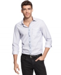 A contrast check pattern on the placket paired with sleek slim fit give this Kenneth Cole New York button down its daper personality. A contrast check pattern on the placket paired with sleek slim fit give this Kenneth Cole New York button down its daper personality.