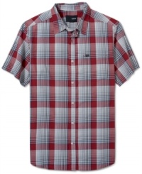 This handsome Hurley short sleeve plaid button down boasts a preppy street smart style. This handsome Hurley short sleeve plaid button down boasts a preppy street smart style.