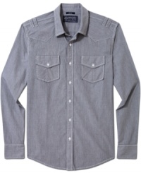 A super skinny stripe means there's more to this casual shirt from American Rag than meets the eye. A super skinny stripe means there's more to this casual shirt from American Rag than meets the eye.