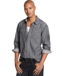 This season it's all about chambray. Get into this trend in sleek style with this button down by Marc Ecko Cut & Sew. (Clearance) This season it's all about chambray. Get into this trend in sleek style with this button down by Marc Ecko Cut & Sew. (Clearance)
