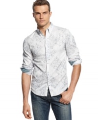 Same old pattern a problem? Change it up with this tonal design button-front shirt from Vintage Red. Same old pattern a problem? Change it up with this tonal design button-front shirt from Vintage Red.