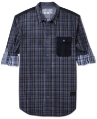 Your basic plaid gets a modern upgrade with this DKNY Jean shirt, featuring roll up sleeves and a contrast color pocket. Your basic plaid gets a modern upgrade with this DKNY Jean shirt, featuring roll up sleeves and a contrast color pocket.