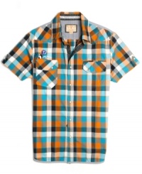 Plaid is back and you'll be sporting it with style in this short-sleeved shirt from Triple Fat Goose shirt. Plaid is back and you'll be sporting it with style in this short-sleeved shirt from Triple Fat Goose shirt.