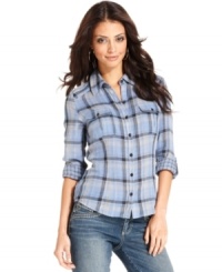 A menswear-inspired plaid petite shirt gets a feminine makeover from Seven7! Lounge around in it on weekends and still look cute! A menswear-inspired plaid petite shirt gets a feminine makeover from Seven7! Lounge around in it on weekends and still look cute!
