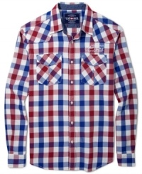 A bright plaid print and a modern fit give this Ecko Unltd button down its sleek style. A bright plaid print and a modern fit give this Ecko Unltd button down its sleek style.