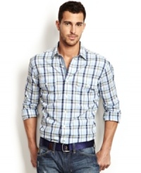 Get your casual looked checked out with this tartan print woven shirt from Nautica. Get your casual looked checked out with this tartan print woven shirt from Nautica.