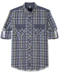 Trade in boring for brash this summer with this plaid shirt from Calvin Klein. Trade in boring for brash this summer with this plaid shirt from Calvin Klein.