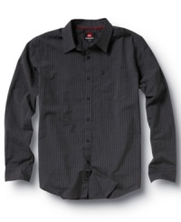 Step up your night-out lineup with this sleek striped button-front shirt from Quiksilver. Step up your night-out lineup with this sleek striped button-front shirt from Quiksilver.