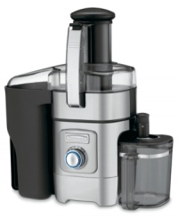 No more mess. Create fresh, nutritious fruit and vegetable drinks in no time. Cusinart's juicer features a large 3 feed tube to handle whole fruits and vegetables like apples, carrots… even a squash. The adjustable flow spout controls the flow rate and the 5-speed control dial gives you more options. Three-year limited warranty. Model CJE-1000. No more mess. Create fresh, nutritious fruit and vegetable drinks in no time. Cusinart's juicer features a large 3 feed tube to handle whole fruits and vegetables like apples, carrots… even a squash. The adjustable flow spout controls the flow rate and the 5-speed control dial gives you more options. Three-year limited warranty. Model CJE-1000.