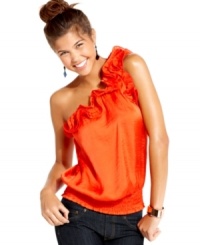 A flood of orangey hue makes this elegant, one-shoulder top a glorious companion to your skinny jeans! From Sequin Hearts. A flood of orangey hue makes this elegant, one-shoulder top a glorious companion to your skinny jeans! From Sequin Hearts.