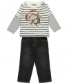 Kids Headquarters Baby-boys Infant Monkey Stripes Twofer Top with Jeans, Gray, 24 Months