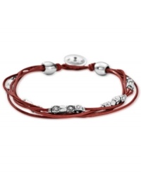 Added attractions. Fossil's multistrand red leather bracelet features silver-tone beads and sparkling accents for a radiant touch. Approximate length: 7-1/2 inches. Added attractions. Fossil's multistrand red leather bracelet features silver-tone beads and sparkling accents for a radiant touch. Approximate length: 7-1/2 inches.
