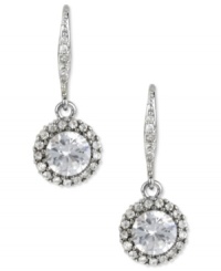 Constant shimmer from Betsey Johnson. These drop earrings feature large faceted crystal accents surrounded by pave crystal accents. Crafted in imitation rhodium tone mixed metal. Approximate drop: 1-1/10 inches. Constant shimmer from Betsey Johnson. These drop earrings feature large faceted crystal accents surrounded by pave crystal accents. Crafted in imitation rhodium tone mixed metal. Approximate drop: 1-1/10 inches.