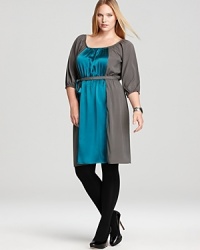 Take your color blocking to color shocking in a fluid Melissa Masse Plus dress, cinched with a tie belt for a feminine silhouette. Take your color blocking to color shocking in a fluid Melissa Masse Plus dress, cinched with a tie belt for a feminine silhouette.