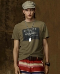 The city meets the sea in this mariner-inspired tee, crafted from soft cotton jersey with a weathered graphic for a look that is both rustic and urban. The city meets the sea in this mariner-inspired tee, crafted from soft cotton jersey with a weathered graphic for a look that is both rustic and urban.