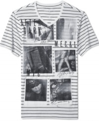 Show off your love of the late night with this stylish striped Marc Ecko Cut & Sew graphic tee. Show off your love of the late night with this stylish striped Marc Ecko Cut & Sew graphic tee.