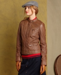 Add a luxe touch to fall in Tommy Hilfiger's bomber jacket, rendered in buttery soft leather. Add a luxe touch to fall in Tommy Hilfiger's bomber jacket, rendered in buttery soft leather.