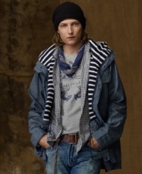 Paint-splattered chambray cotton and raw edges give an essential hooded overcoat an effortless downtown vibe. Paint-splattered chambray cotton and raw edges give an essential hooded overcoat an effortless downtown vibe.
