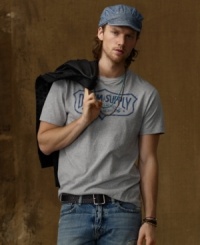 There's no such thing as having too many tees, and this soft cotton classic adds iconic flair to your arsenal with a faded shield logo at the front. There's no such thing as having too many tees, and this soft cotton classic adds iconic flair to your arsenal with a faded shield logo at the front.