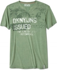 Branch out. Make your basics a little bolder with this split v-neck graphic t-shirt from DKNY Jeans. Branch out. Make your basics a little bolder with this split v-neck graphic t-shirt from DKNY Jeans.