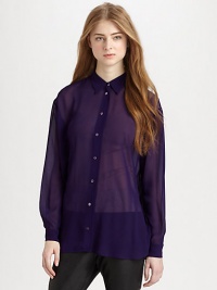 Romantic semi-sheer fabric forms this timeless button-front design with a hint of sheen. High point collarDropped shouldersLong sleeves with button cuffsButton frontU-shaped hemAbout 26 from shoulder to hemViscoseDry cleanImportedModel shown is 5'10 (177cm) wearing US size 4. Romantic semi-sheer fabric forms this timeless button-front design with a hint of sheen. High point collarDropped shouldersLong sleeves with button cuffsButton frontU-shaped hemAbout 26 from shoulder to hemViscoseDry cleanImportedModel shown is 5'10 (177cm) wearing US size 4.