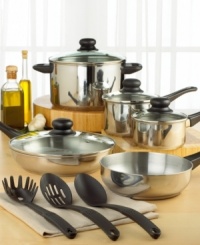 The chef's dozen. This 12-piece cookware set has everything you need to cook fantastic full meals. The polished stainless steel construction looks great and heats quickly and evenly for consistently impressive results. Glass lids allow you to monitor food as you cook, while phenolic handles stay cool for easy handling. Limited lifetime warranty. The chef's dozen. This 12-piece cookware set has everything you need to cook fantastic full meals. The polished stainless steel construction looks great and heats quickly and evenly for consistently impressive results. Glass lids allow you to monitor food as you cook, while phenolic handles stay cool for easy handling. Limited lifetime warranty.