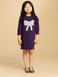 A casually chic sweater dress in a form-fitting silhouette is ultra-girly with a large bow design.CrewneckThree-quarter sleevesPullover styleSide-vented hem60% cotton/22% wool/18% modalDry cleanImported A casually chic sweater dress in a form-fitting silhouette is ultra-girly with a large bow design.CrewneckThree-quarter sleevesPullover styleSide-vented hem60% cotton/22% wool/18% modalDry cleanImported