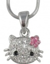 Small Adorable 1/2 Crystal Kitty Pendant and Necklace - Pink Flower Bow - Silver Plated